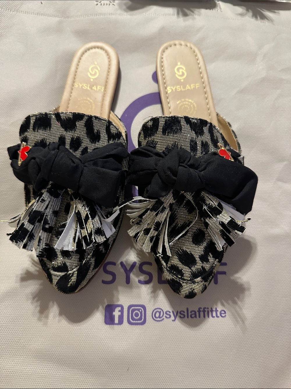 Leopard-Print Black Fringe Slide Mules